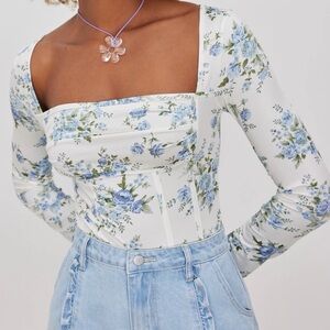 Cider Square Neck Floral Ruched Corset Bodysuit Size Large